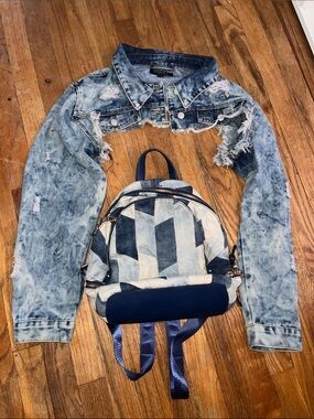 Set of 3x super cropped destroyed acid watch denim jacket and patchwork bag